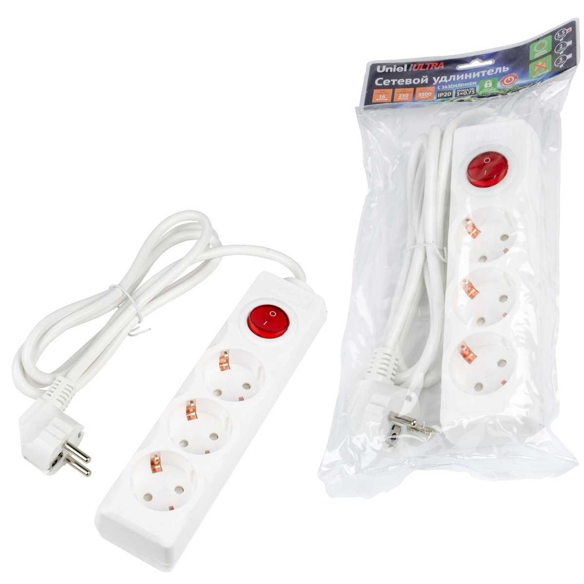 фото удлинитель uniel ultra 3гн х 1,5м с/з s-gcu3-1,5b white ul-00010013 | 220svet.ru